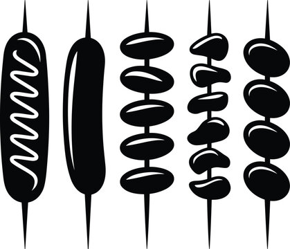 WebFood skewer silhouette illustration, sausage and meatball design, grilled snack vector, barbecue concept, black icon art, modern graphic style
