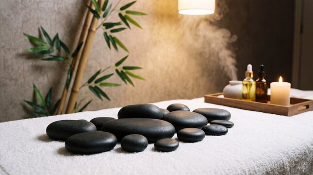 Spa treatment table with hot stones and candles