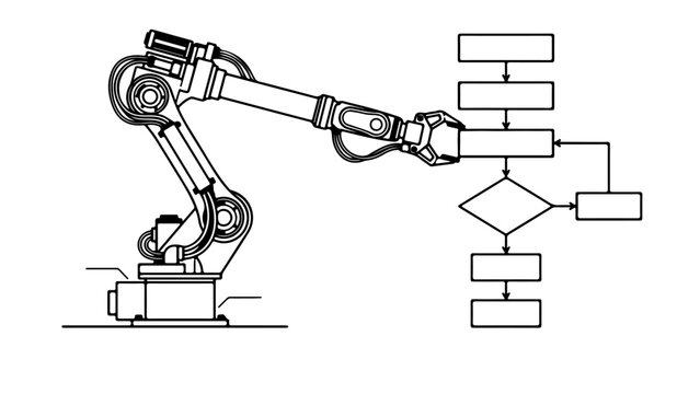 Robotic arm interacting with flowchart elements during automation process in simple line drawing style