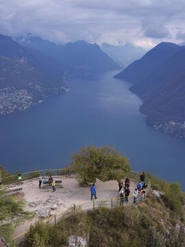View of Lake Lugano from Monte San Salvatore, Lugano, Canton Ticino, Switzerland