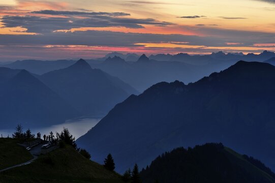 Mountain silhouette, with Kleiner Mythen and Grosser Mythen mountains at the rear, Stanserhorn, Switzerland, Europe