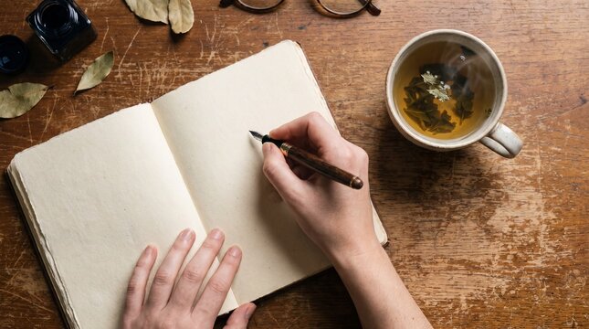 Overhead view of hands writing in a blank notebook with a fountain pen, cup of tea nearby