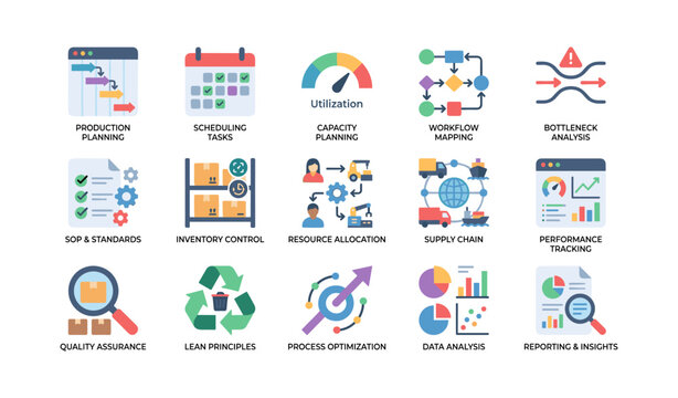 Production and operations icons for planning on white background