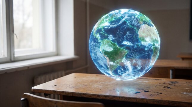 Holographic globe on a desk in a classroom