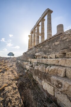 Ruin and columns of the ancient Temple of Poseidon, Cape Sounion, Attica, Greece