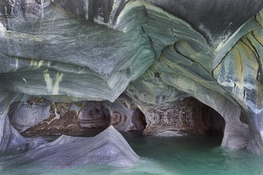 Marble Caves Sanctuary, Strange rock formations caused by water erosion, General Carrera Lake, Puerto Rio Tranquilo, Aysen Region, Patagonia, Chile