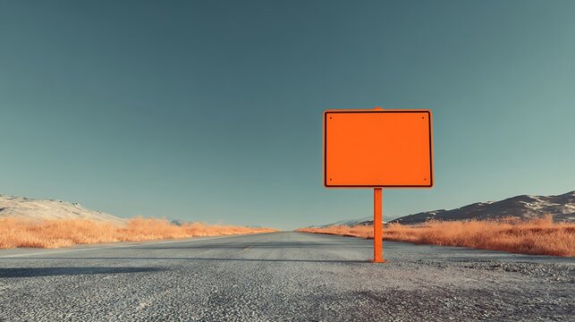 A blank orange road sign stands in the middle of a long, empty desert road under a clear blue sky, symbolizing choice or an unknown path.