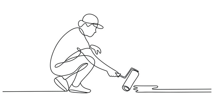 Continuous line drawing of a person painting a wall with a paint roller