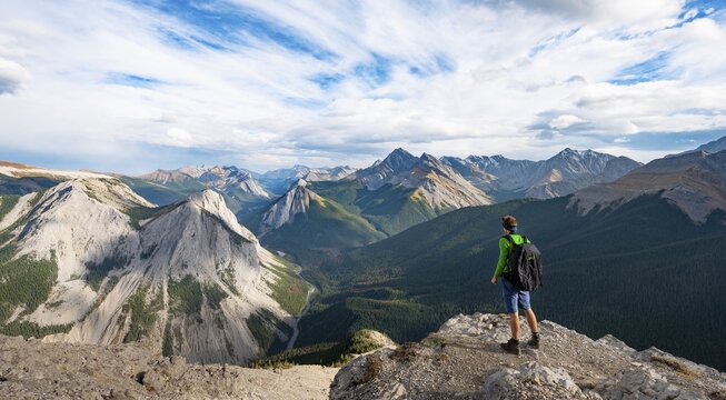 Hiker looking into the distance, mountain landscape with river valley and peaks, peaks with orange sulphur deposits, Overturn Mountain, panoramic view, Nikassin Range, Sulphur Skyline, near Miette Hotsprings, Jasper National Park, Alberta, Canada