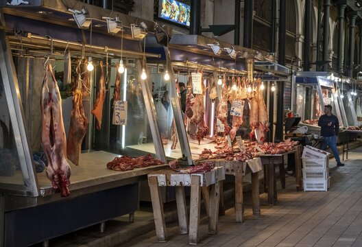 Raw meat at a stall, butcher's shop, central market, Athens, Greece