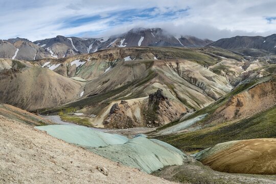 Colored rhyolite mountains, Gr&aelig;nihryggur, Landmannalaugar, Fjallabak, Icelandic highlands, Iceland