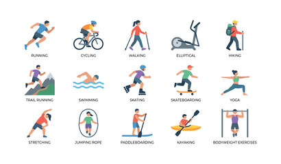 Fototapeta premium Fitness activity icons arranged in grid on white background