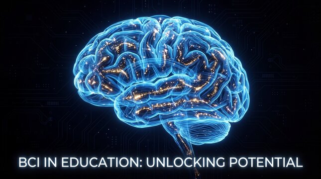 Glowing blue brain with copper details on black background