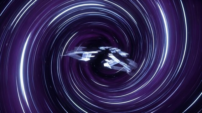 Abstract motion blur of futuristic spacecraft in deep space with light trails