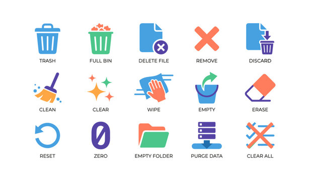 Set of cleanup and delete icons for file management