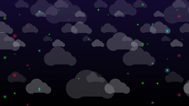 Animated dark synthwave background featuring falling vibrant neon cyber snowflakes, soft clouds, and twinkling stars for tech gaming and modern holiday events.