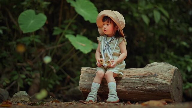 Cute little Asian toddler girl holding binoculars and sitting on a log as many butterflies fly around her in a lush forest. Whimsical child adventurer exploring nature during a summer park visit.
