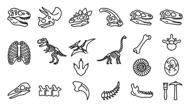 Vast Educational Assembly of Prehistoric Dinosaur Bones, Skulls, and Fossil Icons