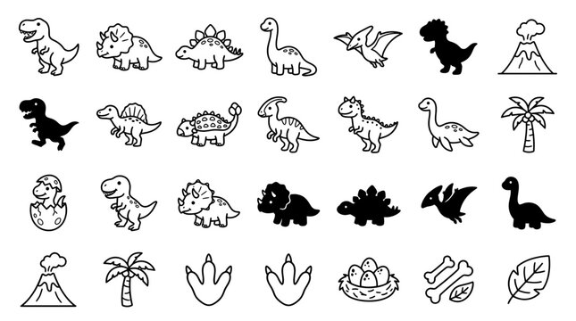 Collection of dinosaur and volcano icons, showcasing prehistoric creatures and natural landmarks