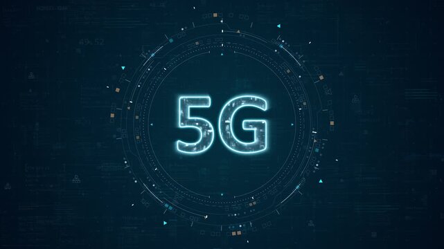 Motion graphic of 5G network technology with glowing HUD interface and digital data background, designed for telecom marketing and business presentation use.