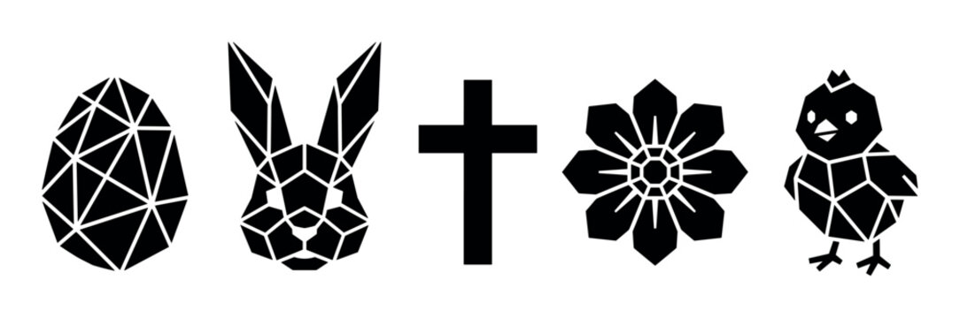 Easter egg rabbit cross flower chick symbols in a modern geometric black silhouette style representing spring and religious holidays.