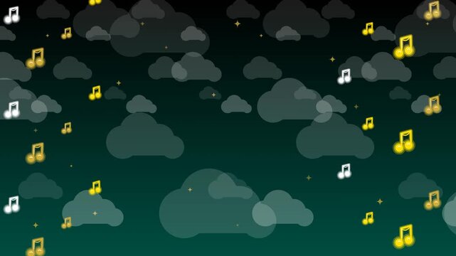 Animated luxury dark emerald background featuring large glowing golden musical notes, soft clouds, and twinkling stars for elegant classical orchestra concerts.