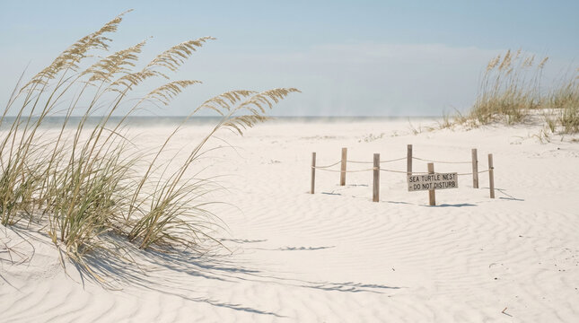 Wind-bent sea oats on a Gulf Coast dune crest under brutal noon sun, heat shimmer visible over pale sand, a roped-off sea turtle nesting are