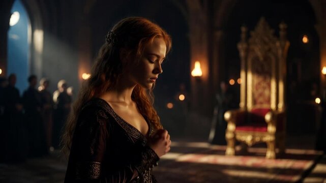 Young woman in medieval dress stands in dim hall in cinematic style, set against a shadowy throne background, expressing a concept of royalty and inner conflict
