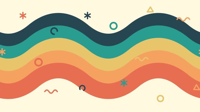 Animated vintage 1970s striped background featuring warm retro colored waves and doodle shapes for nostalgic classic party events.