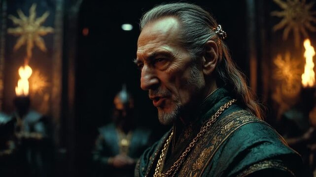 Elder noble man in ornate fantasy costume shown in dramatic cinematic style on dark torchlit background, concept of power and intrigue