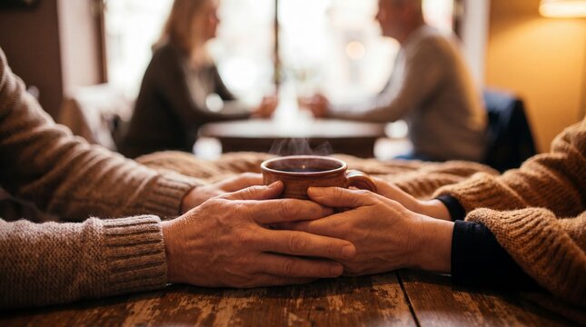 Two sets of hands holding a cup of coffee on a table