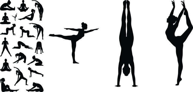 Large collection of black silhouettes featuring a woman performing various yoga asanas meditation and fitness poses isolated on white background
