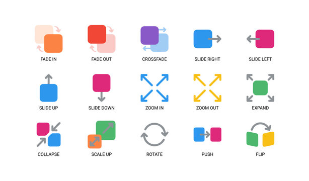 Transition icons illustrating common ui animations on white background
