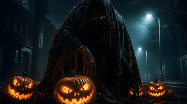 Spooky orange halloween pumpkin with an evil face on a dark night street featuring a scary castle and bats illustration under the autumn moon