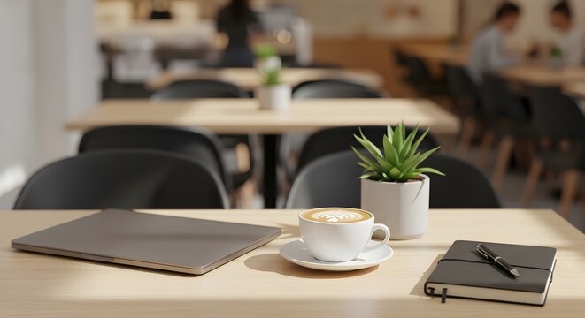 Laptop and coffee on wooden table in modern office with potted plant