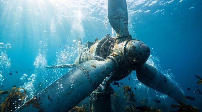 Underwater shot of an offshore wind turbine propeller