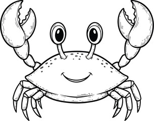 Fototapeta premium This black and white line art photo shows a friendly cartoon crab with large claws and a smiling face designed for kids and creative artistic projects.