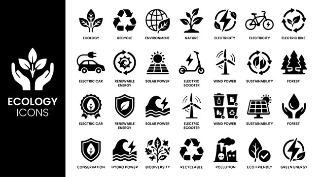Energy saving icon set representing renewable energy, power efficiency, smart consumption, cost reduction. Eco  icon set vector illustration.