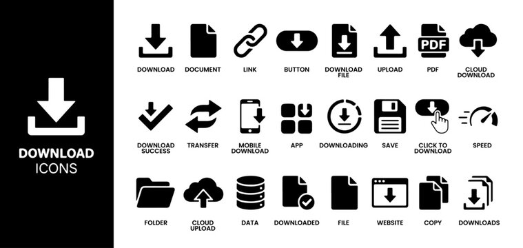 Download icon set. Containing upload, document, link, download file, folder, data and PDF icons. download file  , pdf , arrow ,  and folder  icon collection. Vector illustration.