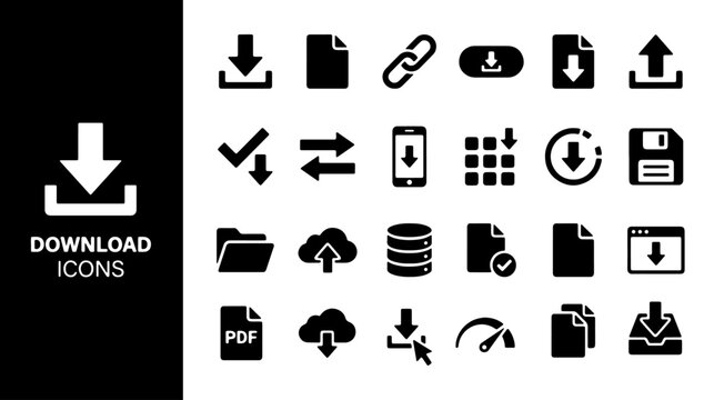 Pdf  document file icons download icon set, file transfer and data saving symbols, arrow down cloud download  illustration vector icons.