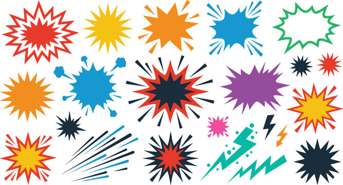 Explosion speech bubbles and comic blast effect icons, burst and boom sound symbols