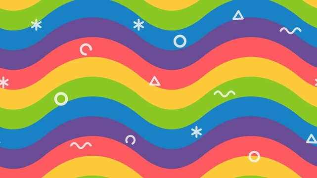 Animated 1970s full screen rainbow wavy striped background featuring moving white retro doodle shapes for nostalgic classic party events.