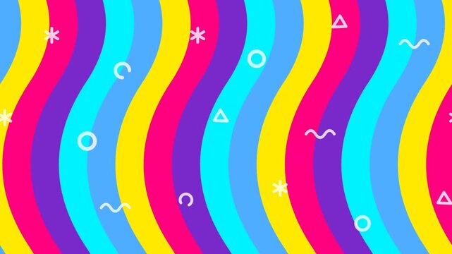 Animated 1980s neon synthwave vertical wavy stripes background resembling a glowing retro curtain with moving doodle shapes for cyber events.