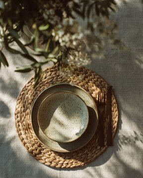 elegant quiet luxury spring or summer tablescape , matte ceramics, textured linen fabric, woven placemat, soft natural sunlight. neutral organic materials, subtle flowers, greenery, rustic aesthetics.