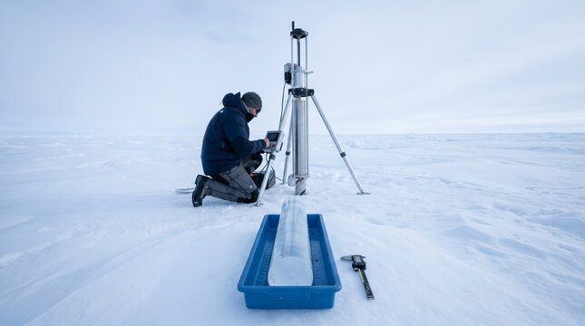 Glaciologist lowering a thermal drill into a borehole on the Greenland ice sheet, ice core section laid on a blue measuring tray in the fore 2