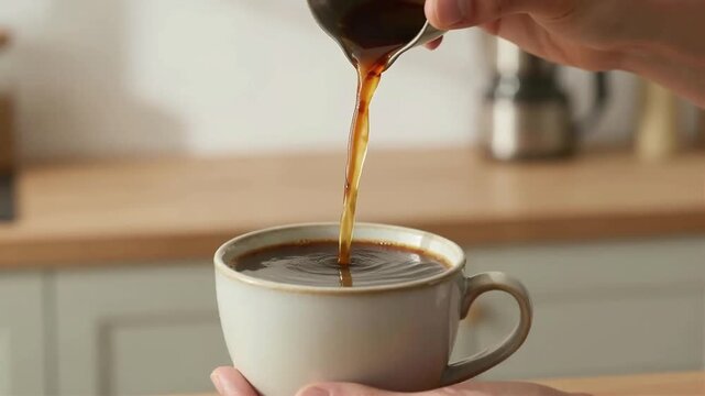 Hand pouring coffee from a French press into a white cup in three stages.