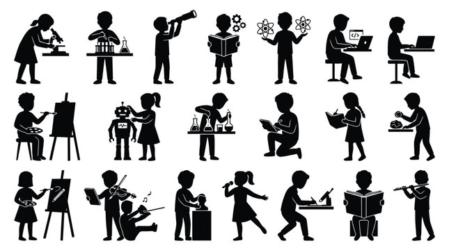 Kids learning and experimenting, children exploring science, art, and technology in school.