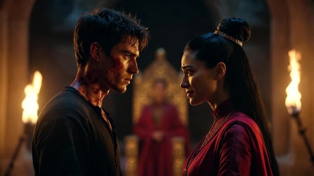 Two people stand close in dim hall, cinematic style, with torchlit background, depicting intense emotion and dramatic connection
