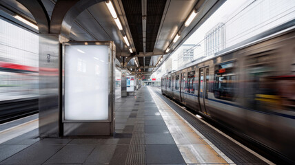 Obraz premium Motion blur of train rushing past empty subway station platform with advertisement billboard