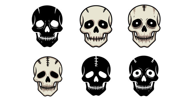 Six distinct skull illustrations in black and bone white, showcasing varied gothic and Halloween aesthetics